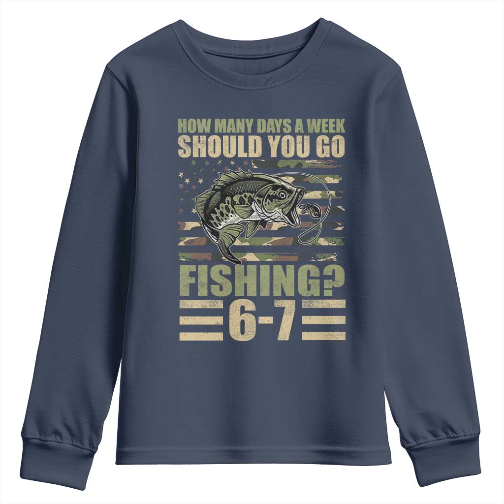 Fishing 67 Meme Youth Sweatshirt How Many Days A Week Should You Go Fishing Camo Flag