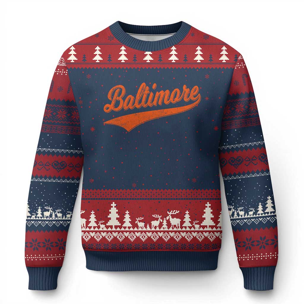 Baltimore Script Retro Baseball Sport Lovers City Pride Ugly Christmas Sweater