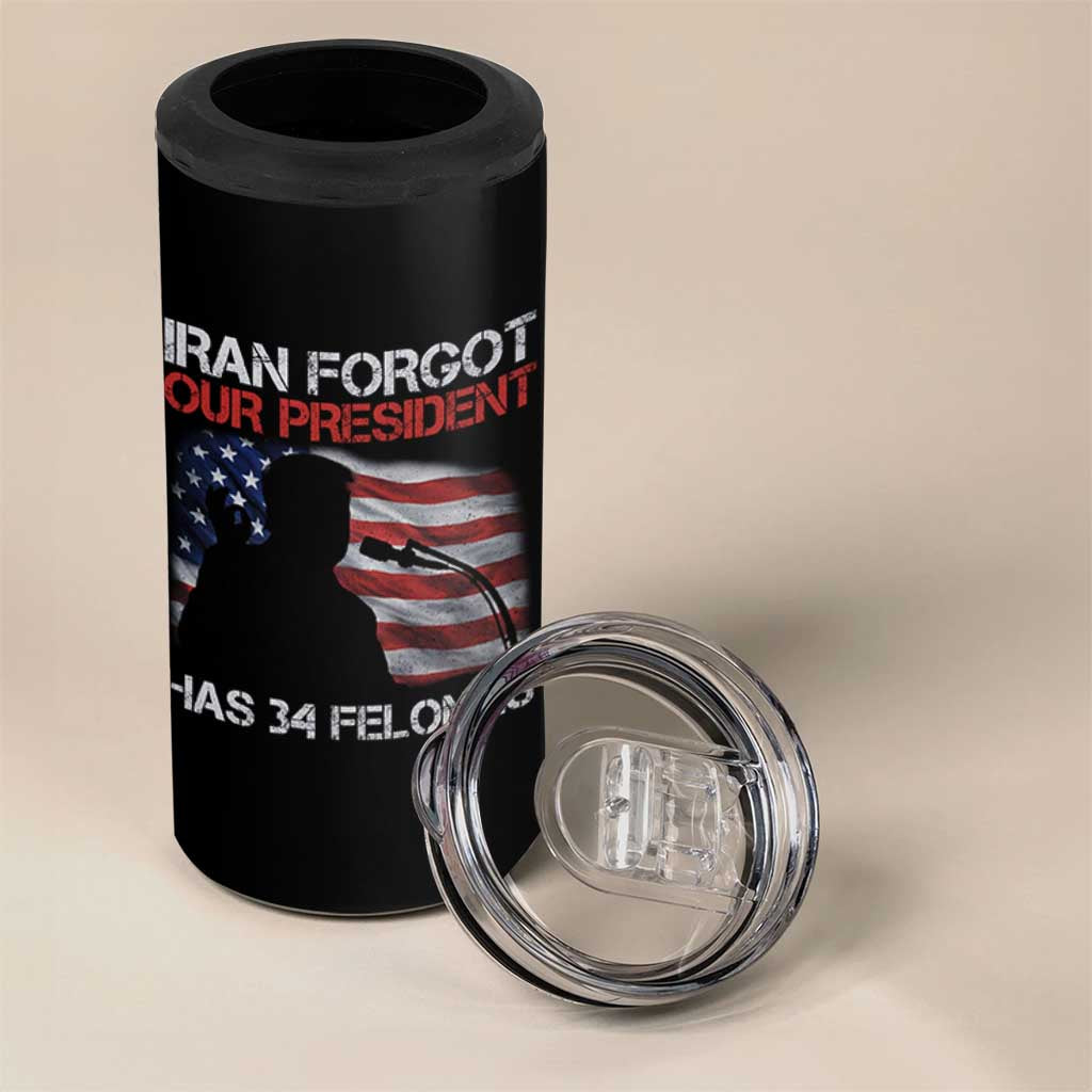Iran Forgot Our President Has 34 Felonies 4 in 1 Can Cooler Tumbler Funny Political Satire Vintage American Flag