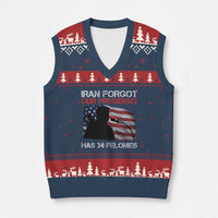 Iran Forgot Our President Has 34 Felonies V-Neck Knit Sweater Vest Funny Political Satire Vintage American Flag
