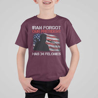 Iran Forgot Our President Has 34 Felonies T Shirt For Kid Funny Political Satire Vintage American Flag