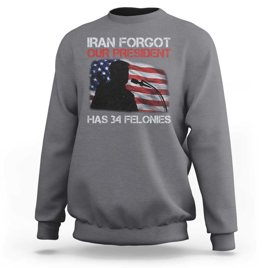 Iran Forgot Our President Has 34 Felonies Sweatshirt Funny Political Satire Vintage American Flag