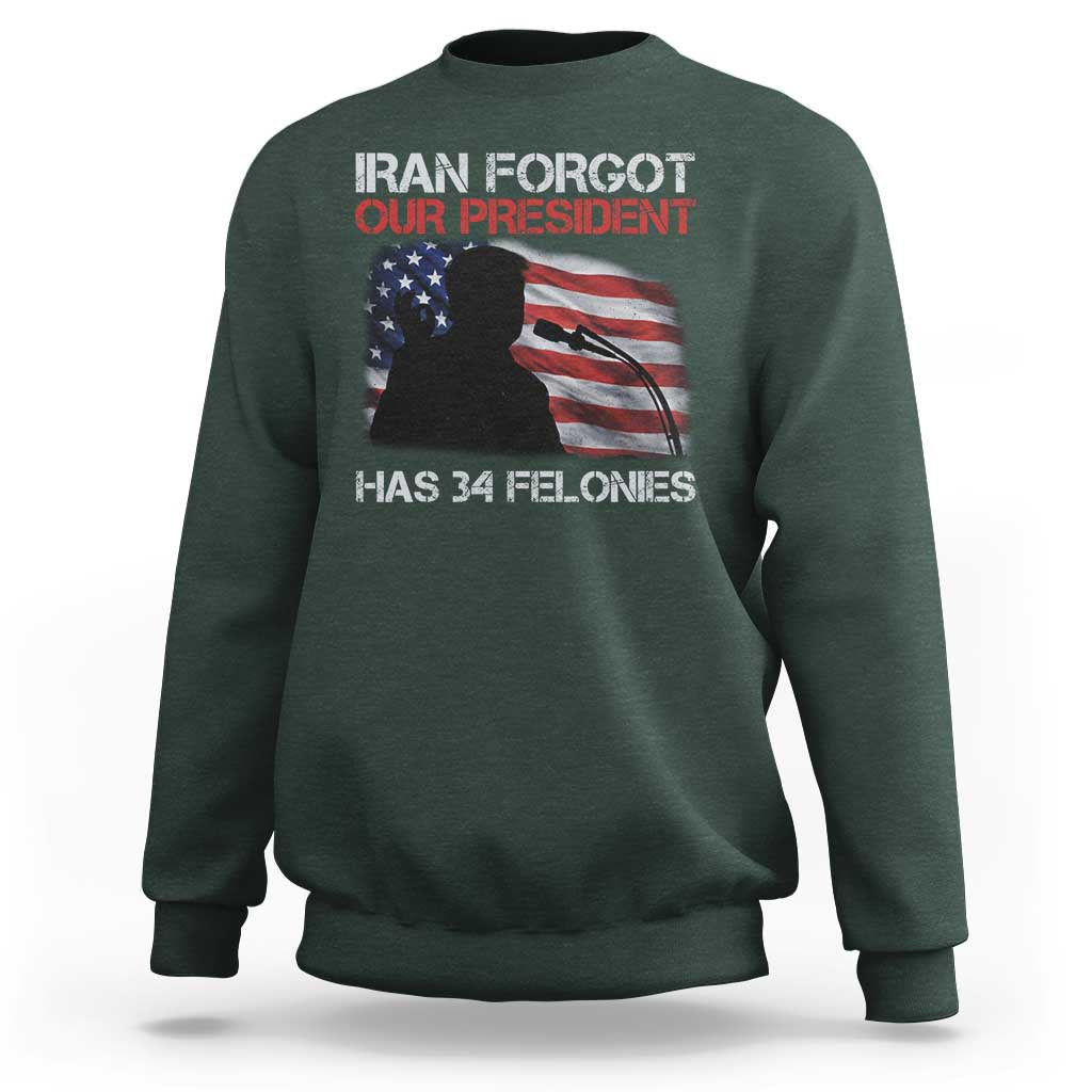 Iran Forgot Our President Has 34 Felonies Sweatshirt Funny Political Satire Vintage American Flag