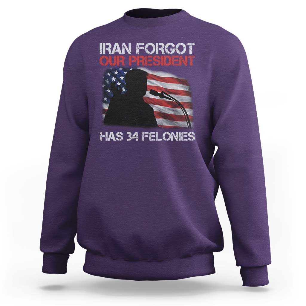 Iran Forgot Our President Has 34 Felonies Sweatshirt Funny Political Satire Vintage American Flag