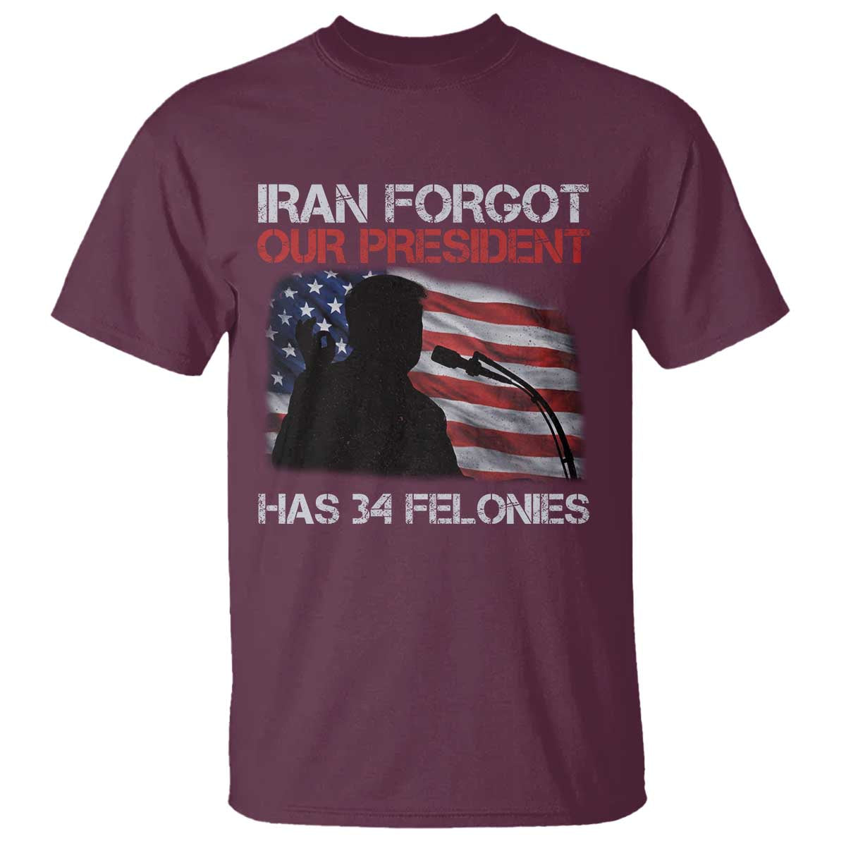 Iran Forgot Our President Has 34 Felonies T Shirt Funny Political Satire Vintage American Flag