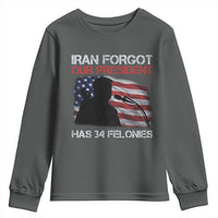 Iran Forgot Our President Has 34 Felonies Youth Sweatshirt Funny Political Satire Vintage American Flag