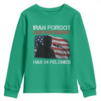 Iran Forgot Our President Has 34 Felonies Youth Sweatshirt Funny Political Satire Vintage American Flag