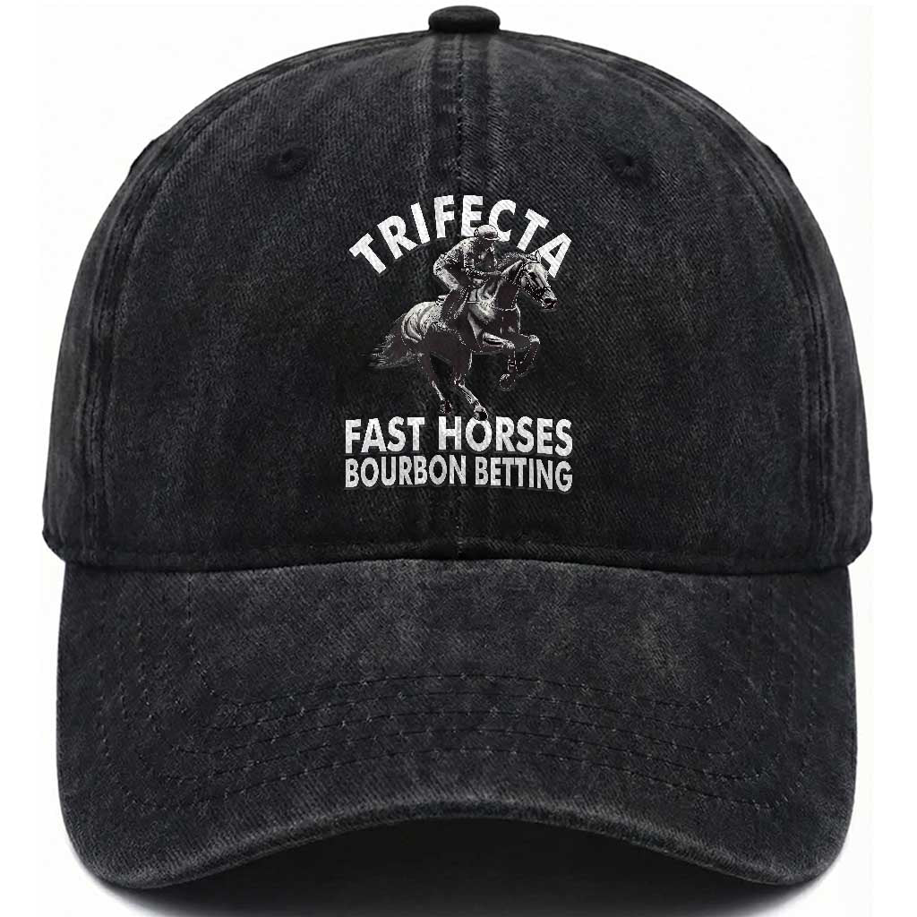 Funny Trifecta Fast Horses Bourbon Betting Washed Cotton Baseball Cap Horse Racing Betting