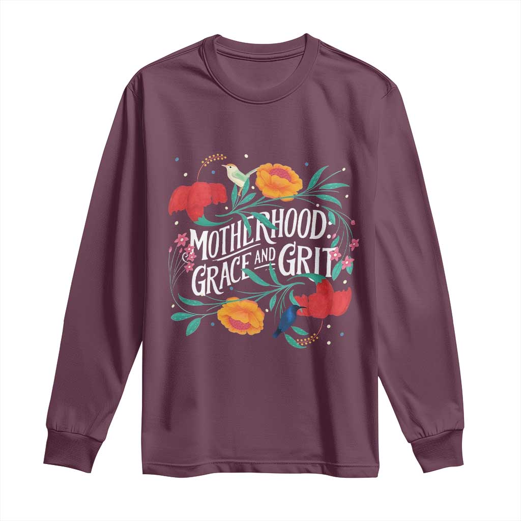 Motherhood Grace And Grit Long Sleeve Shirt Boho Floral Mother's Day