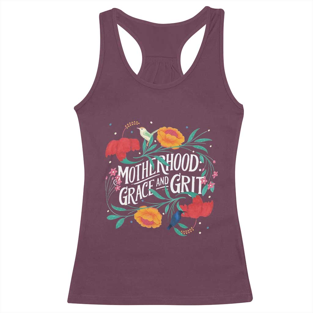 Motherhood Grace And Grit Racerback Tank Top Boho Floral Mother's Day