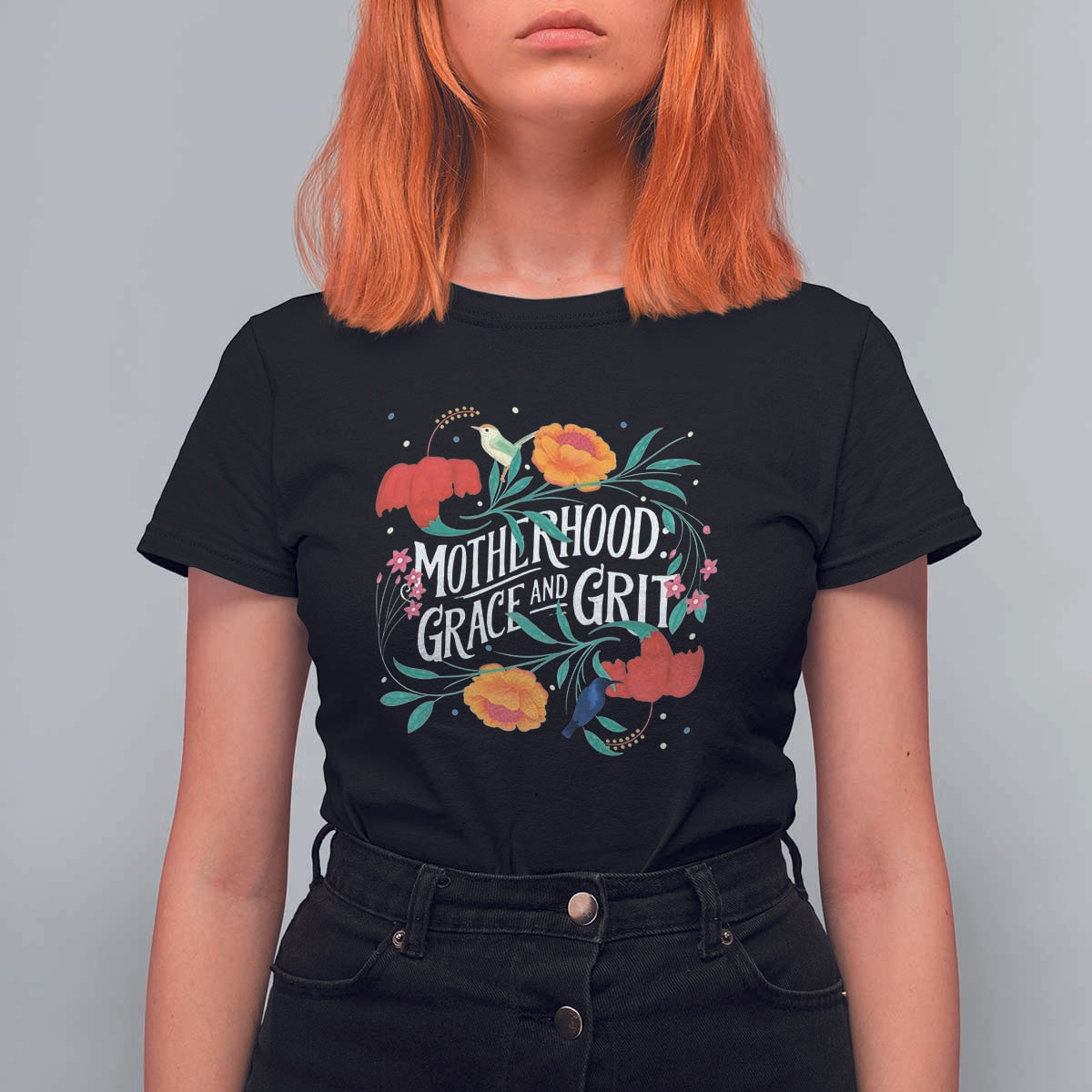 Motherhood Grace And Grit T Shirt For Women Boho Floral Mother's Day