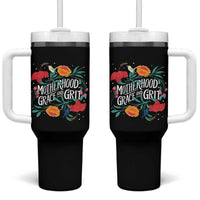 Motherhood Grace And Grit Tumbler With Handle Boho Floral Mother's Day