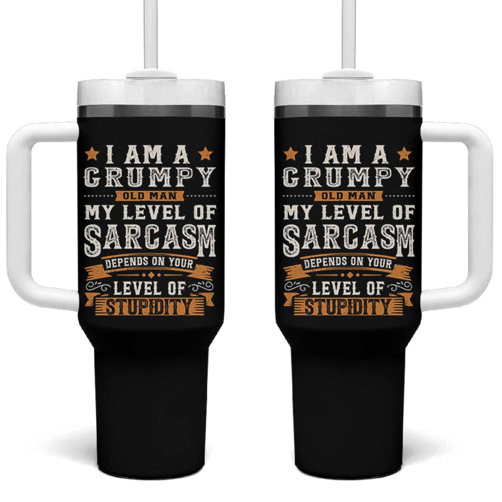 Funny I Am A Grumpy Old Man My Level Of Sarcasm Depends On Your Level Of Stupidity Tumbler With Handle Vintage Star