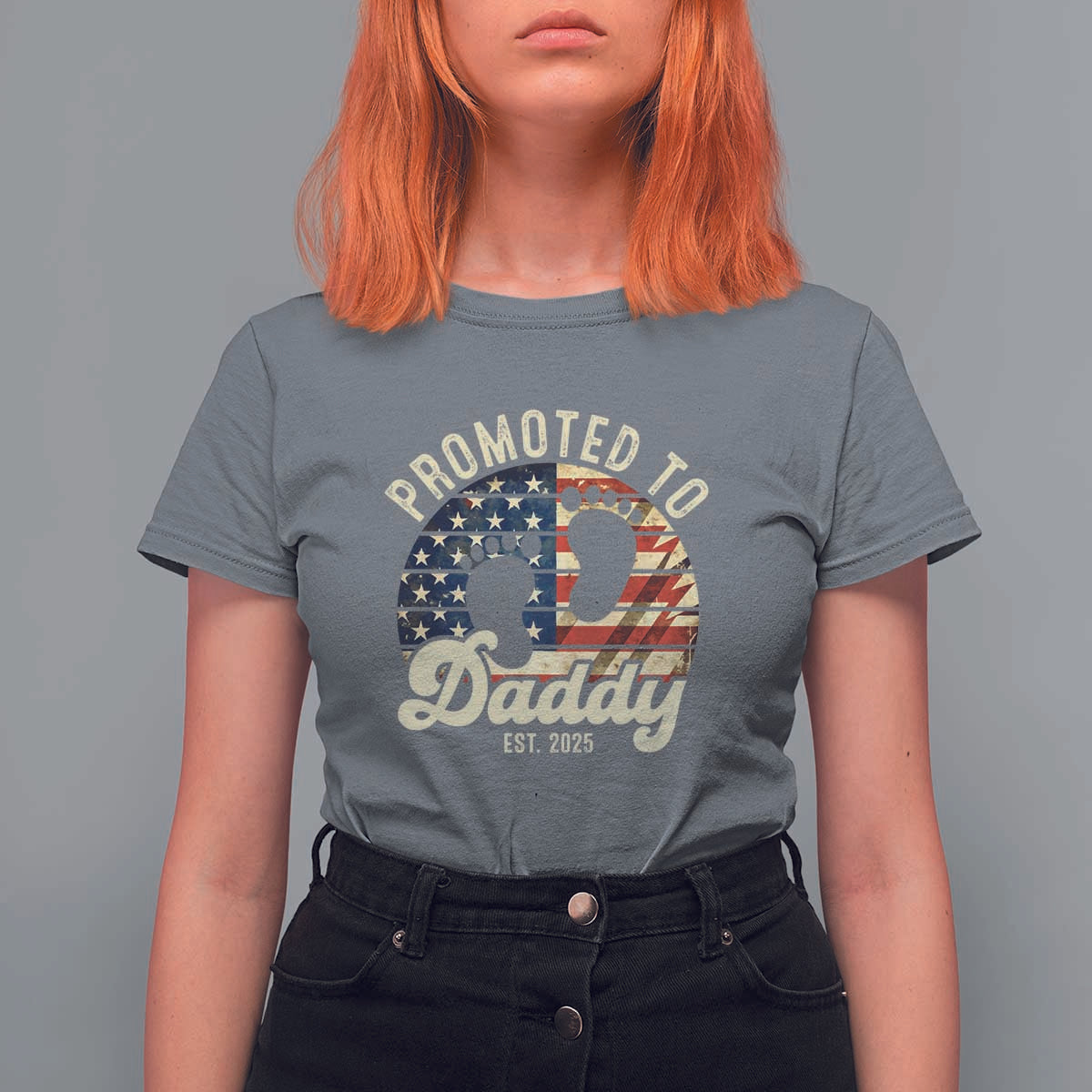 Funny Promoted To Daddy 2025 T Shirt For Women Newborn Vintage American Flag
