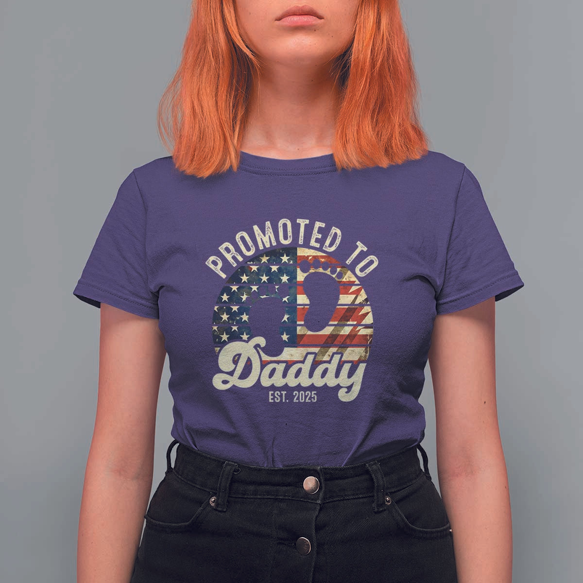 Funny Promoted To Daddy 2025 T Shirt For Women Newborn Vintage American Flag