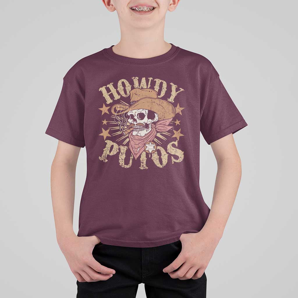 Funny Howdy Putos T Shirt For Kid Western Country Smoking Skull Cowboy