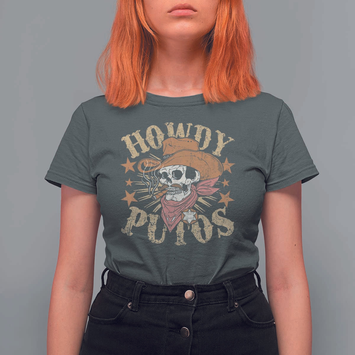 Funny Howdy Putos T Shirt For Women Western Country Smoking Skull Cowboy