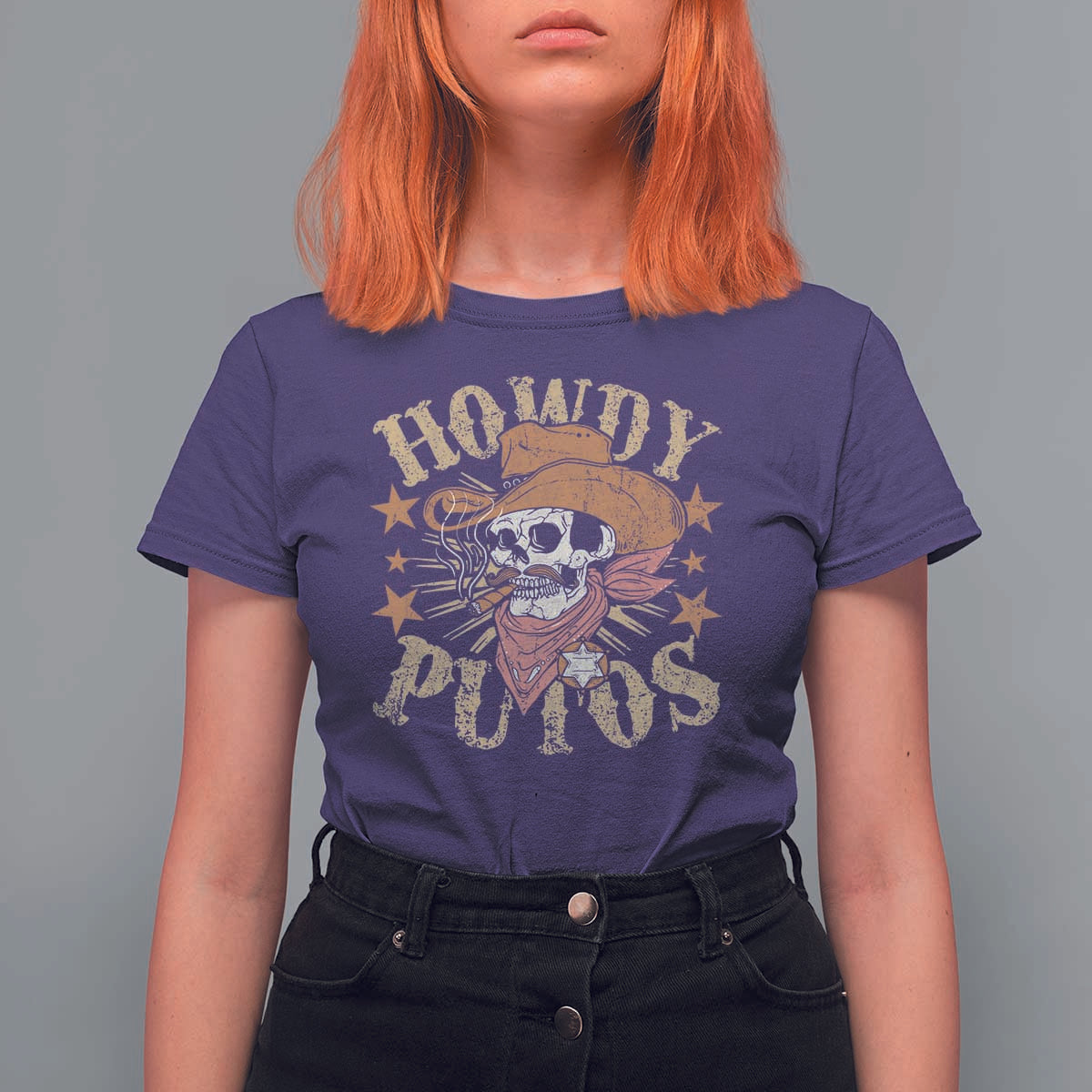 Funny Howdy Putos T Shirt For Women Western Country Smoking Skull Cowboy