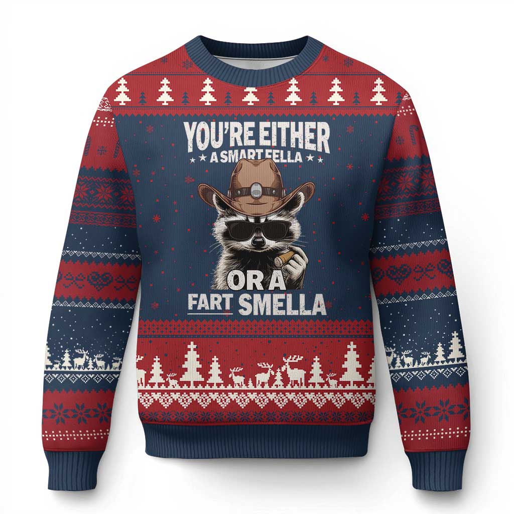 Funny You're Either A Smart Fella Or A Fart Smella Ugly Christmas Sweater Cowboy Racoon - Wonder Print Shop