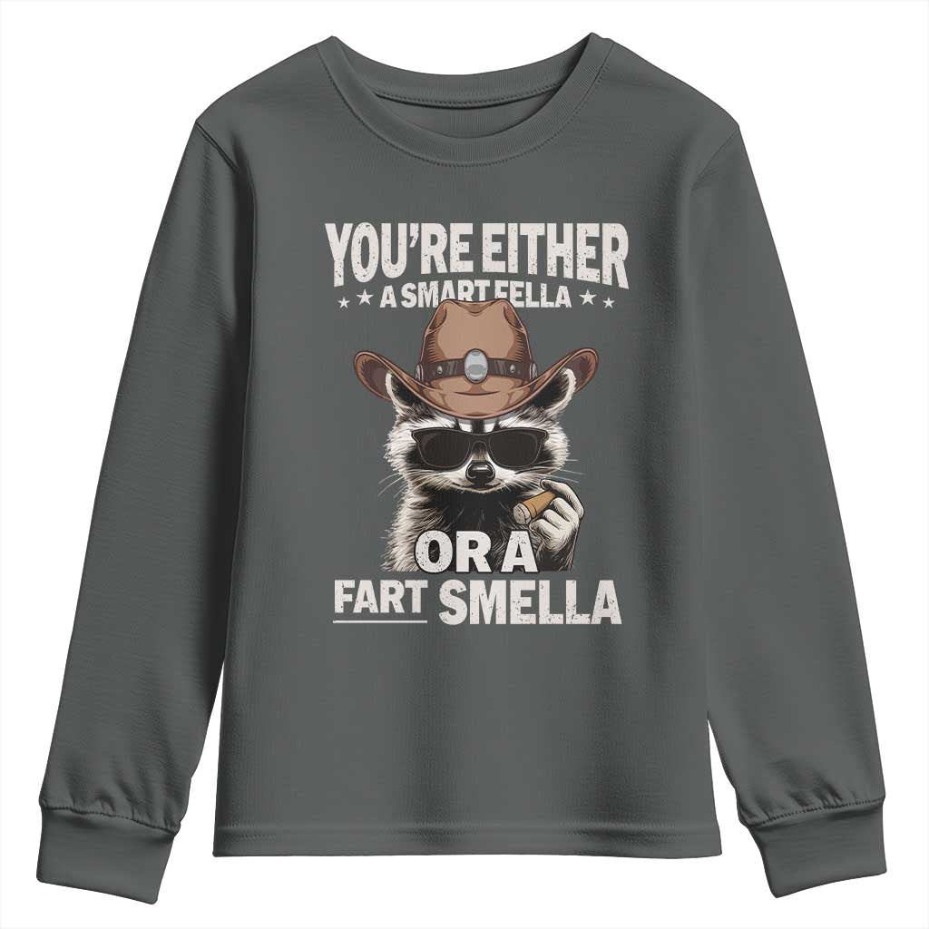 Funny You're Either A Smart Fella Or A Fart Smella Youth Sweatshirt Cowboy Racoon