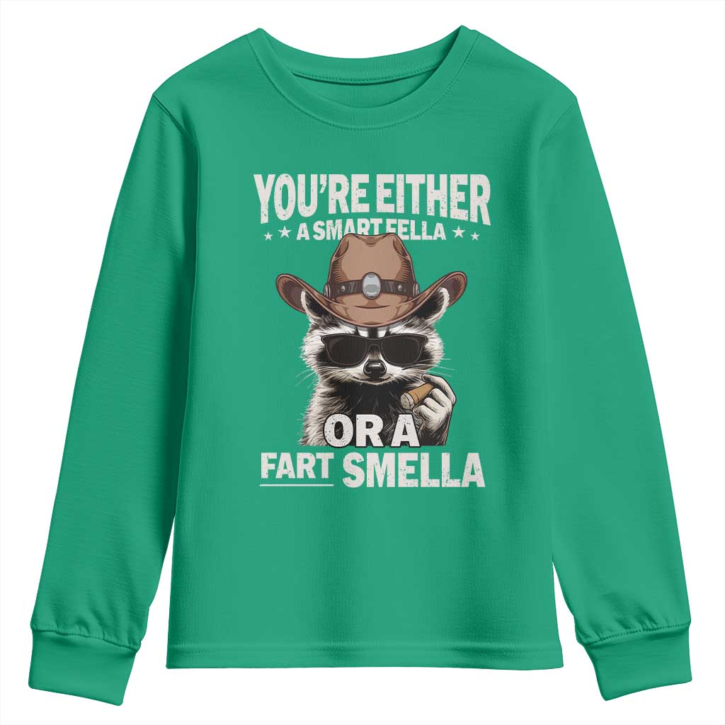 Funny You're Either A Smart Fella Or A Fart Smella Youth Sweatshirt Cowboy Racoon