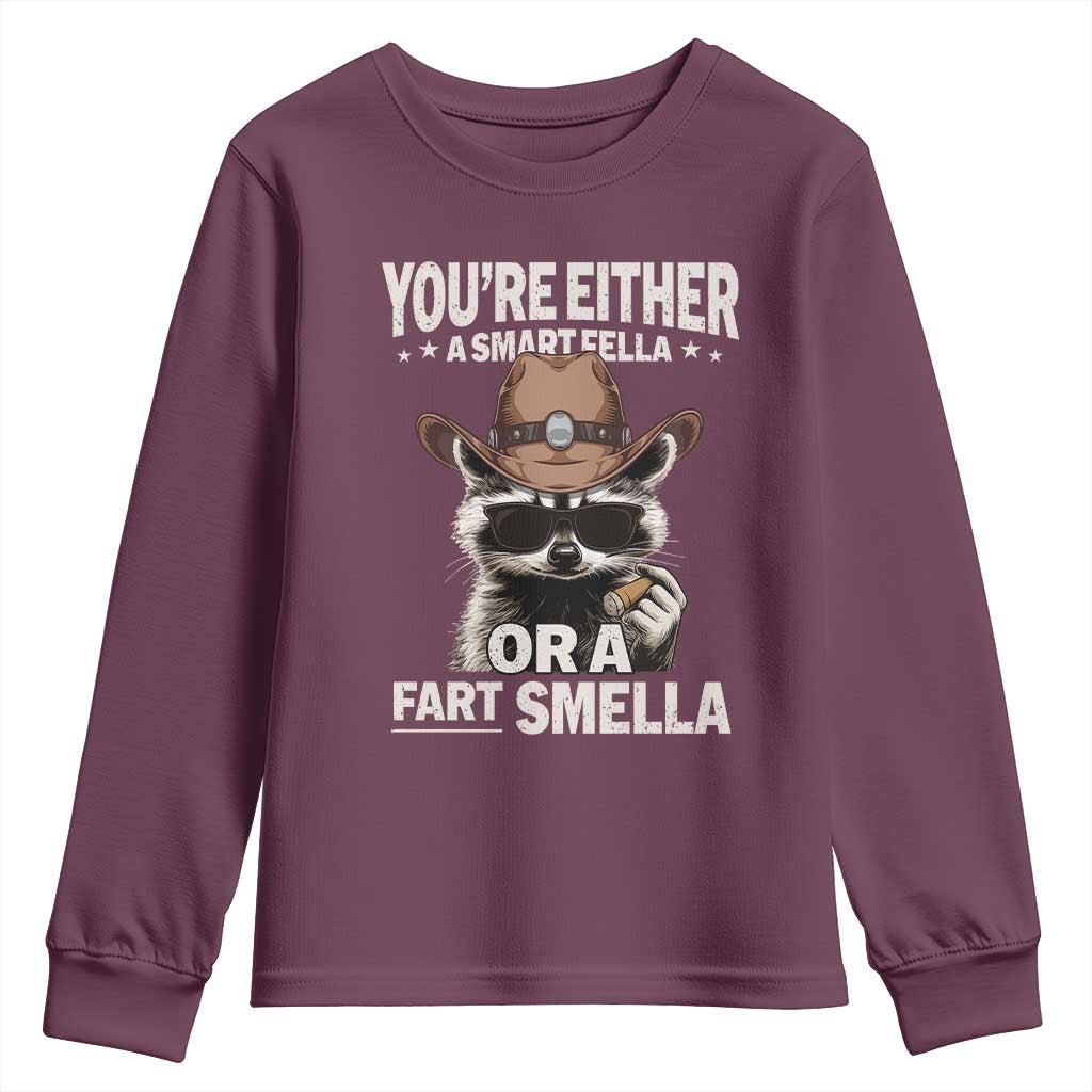 Funny You're Either A Smart Fella Or A Fart Smella Youth Sweatshirt Cowboy Racoon