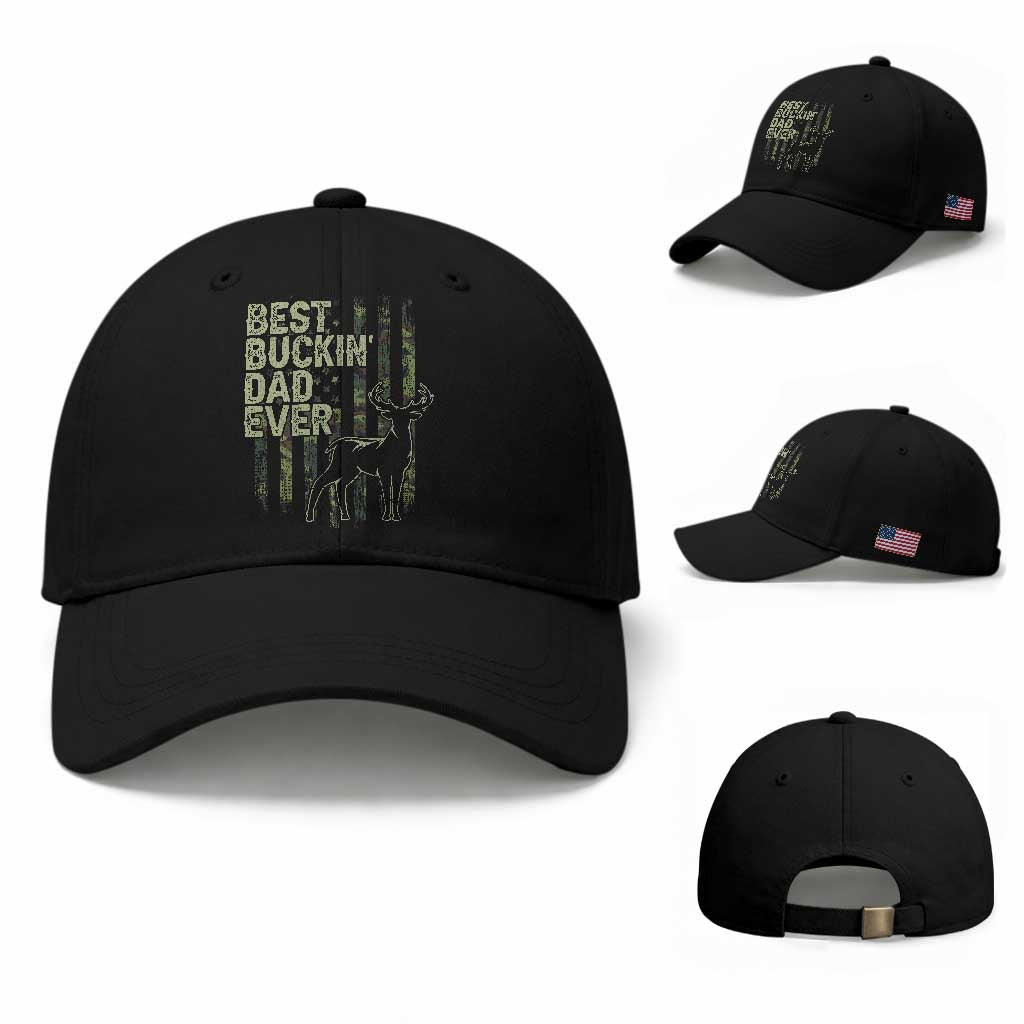 Funny Best Buckin Dad Ever Baseball Cap Deer Hunting Camo American Flag