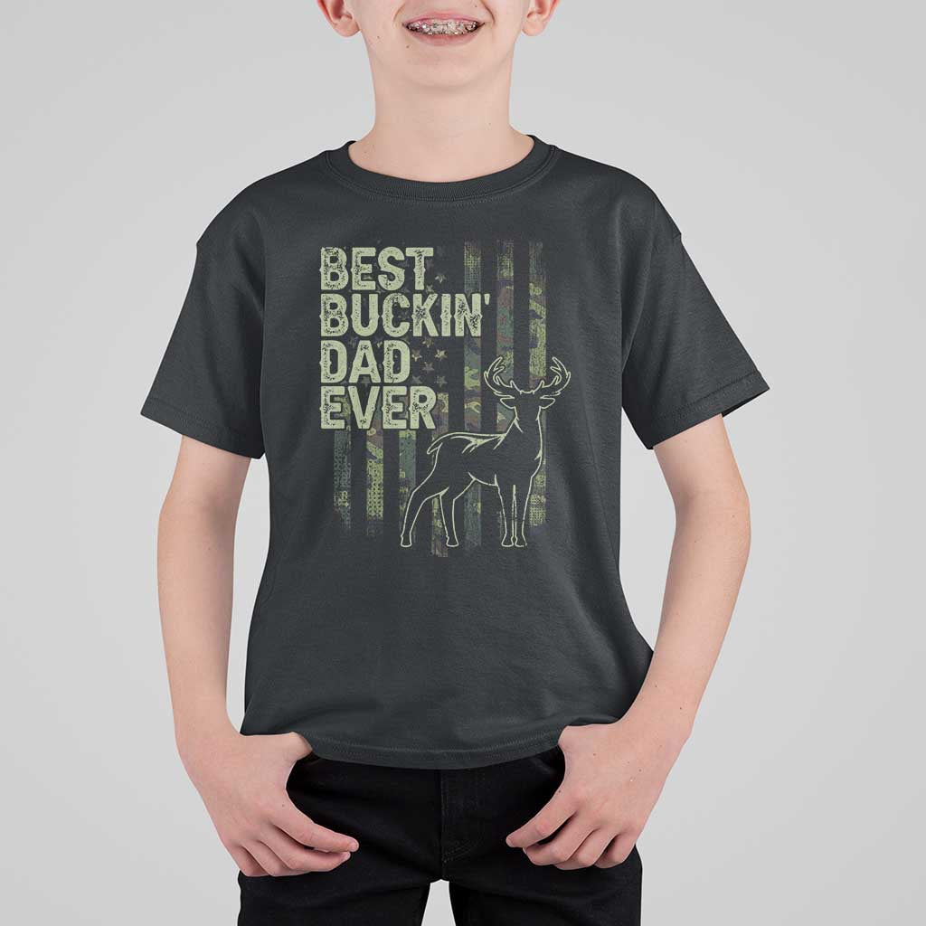 Funny Best Buckin Dad Ever T Shirt For Kid Deer Hunting Camo American Flag