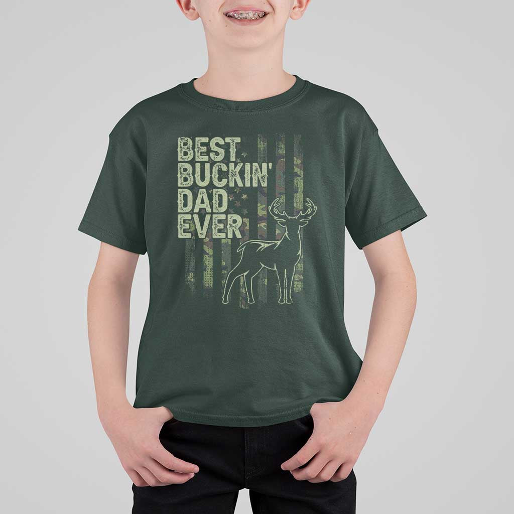 Funny Best Buckin Dad Ever T Shirt For Kid Deer Hunting Camo American Flag