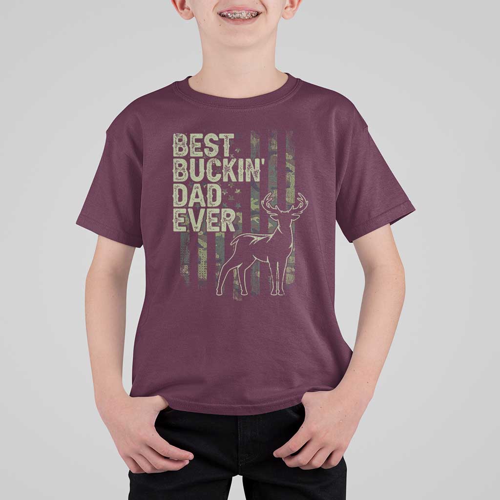 Funny Best Buckin Dad Ever T Shirt For Kid Deer Hunting Camo American Flag