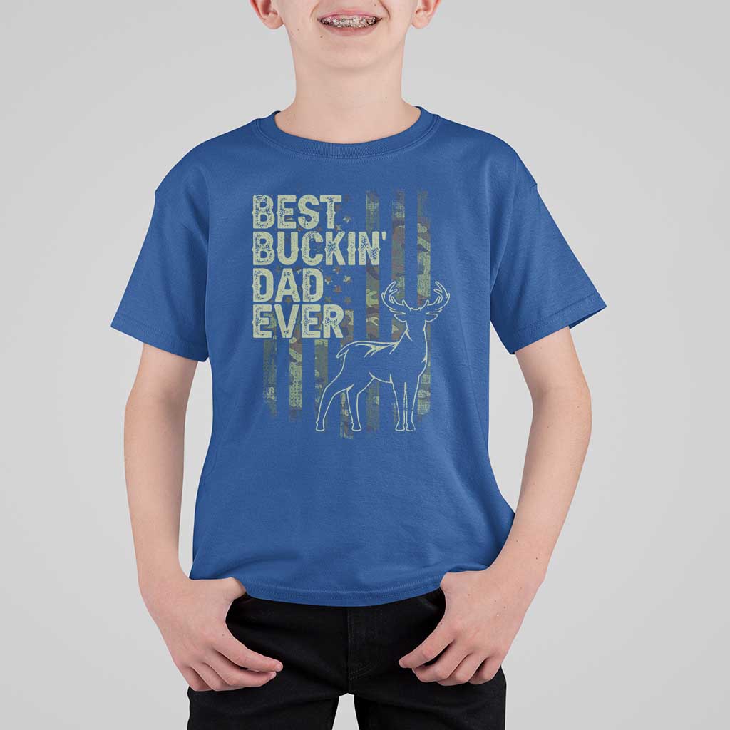 Funny Best Buckin Dad Ever T Shirt For Kid Deer Hunting Camo American Flag