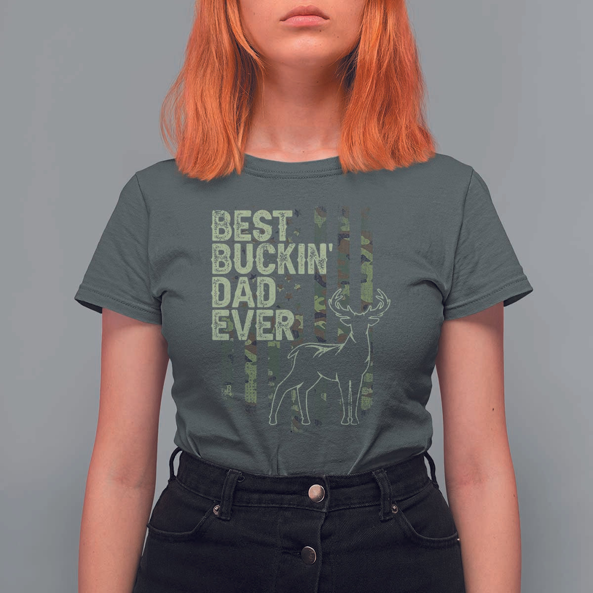 Funny Best Buckin Dad Ever T Shirt For Women Deer Hunting Camo American Flag