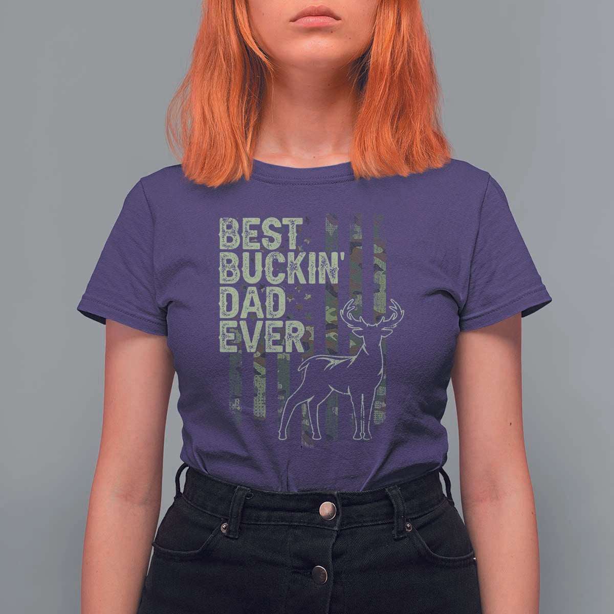 Funny Best Buckin Dad Ever T Shirt For Women Deer Hunting Camo American Flag