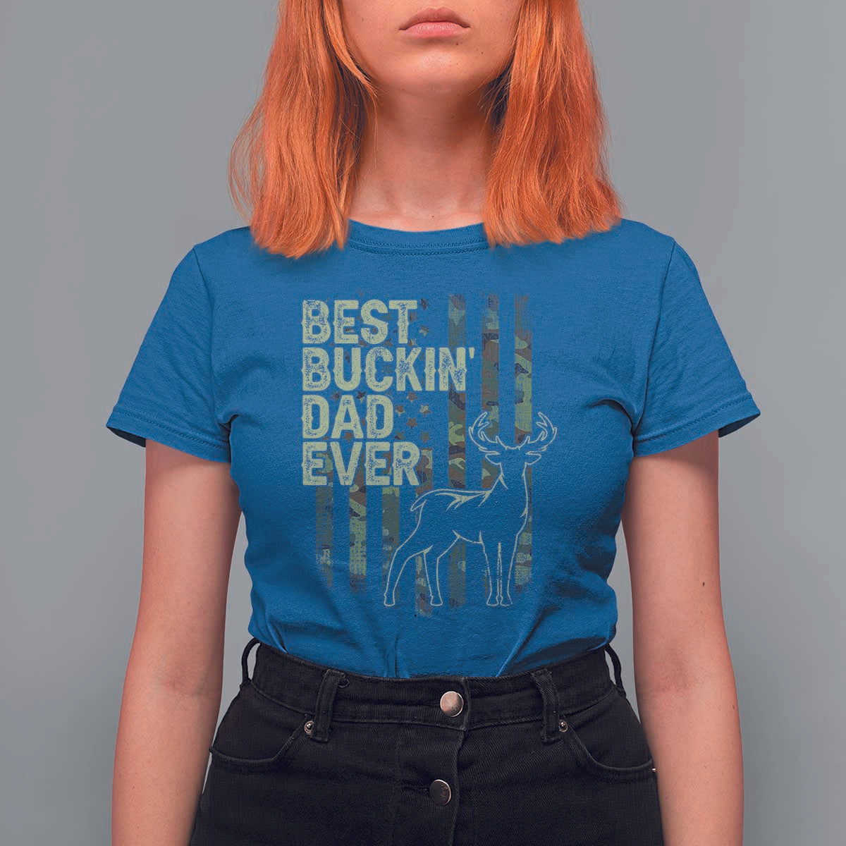 Funny Best Buckin Dad Ever T Shirt For Women Deer Hunting Camo American Flag