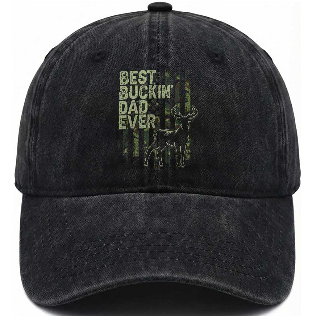 Funny Best Buckin Dad Ever Washed Cotton Baseball Cap Deer Hunting Camo American Flag