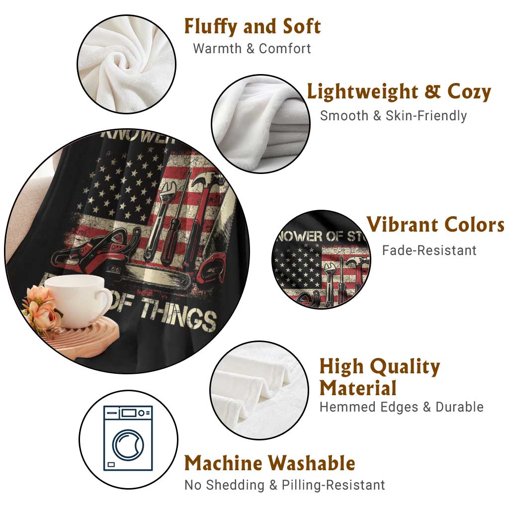 Knower Of Stuff Fixer Of Things Throw Blanket Funny Handyman Fathers Day American Flag