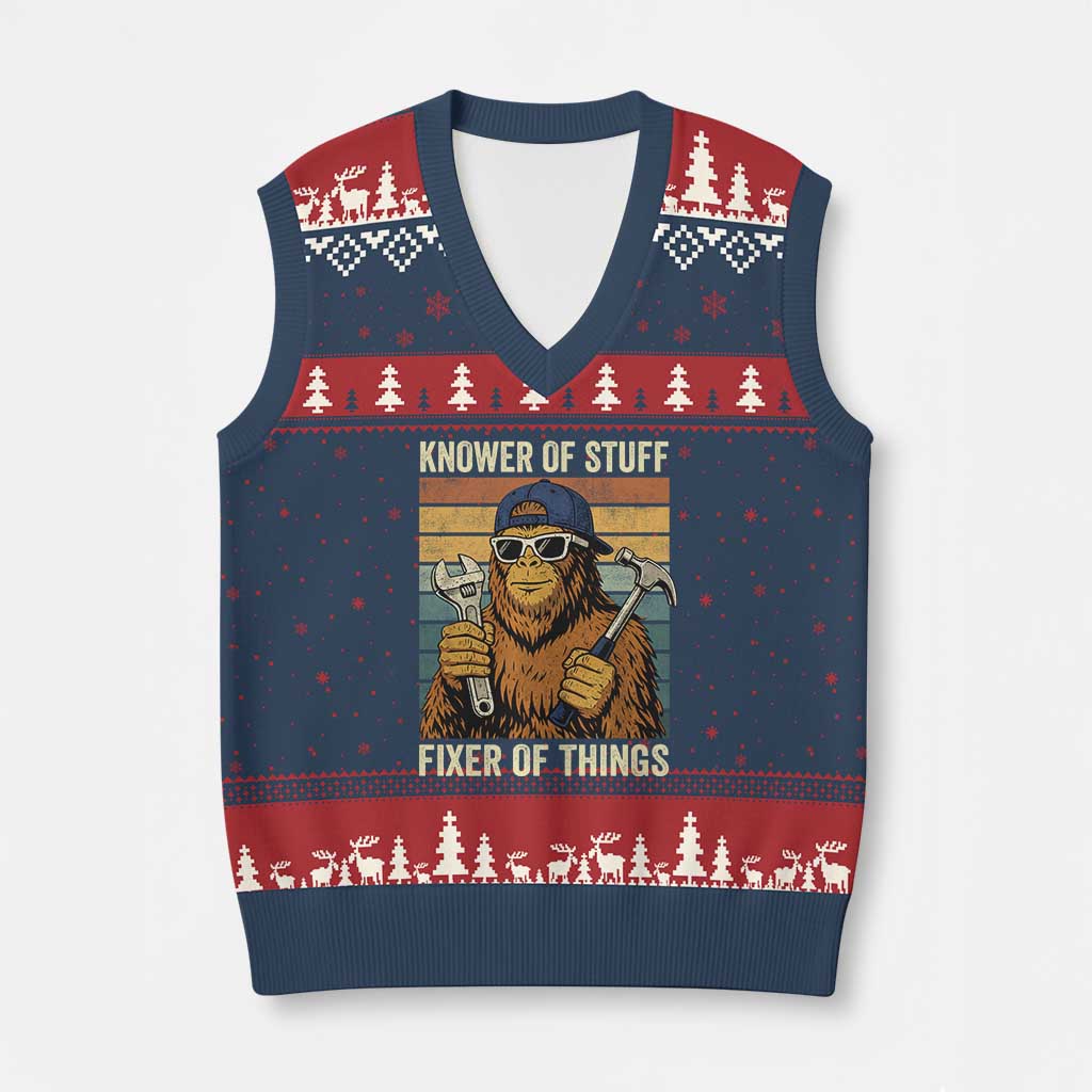Knower Of Stuff Fixer Of Things V-Neck Knit Sweater Vest Mechanic Bigfoot Dad