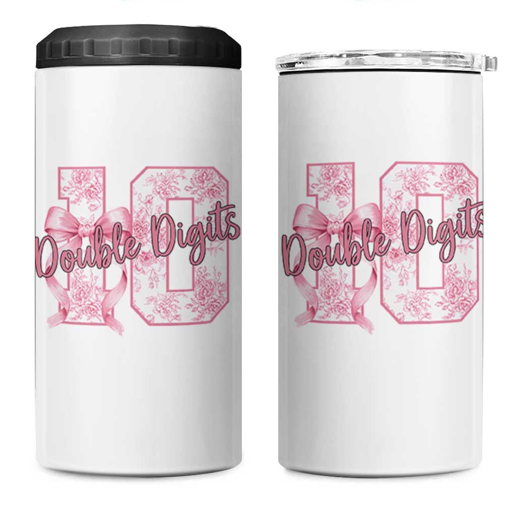 10th Birthday 4 in 1 Can Cooler Tumbler Double Digits Pink Coquette Bow 10 Year Old Aesthetic