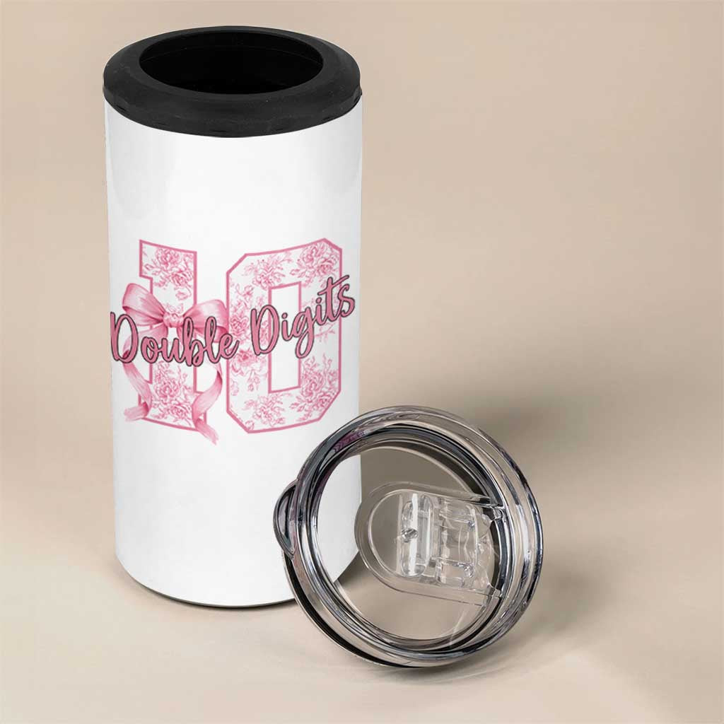 10th Birthday 4 in 1 Can Cooler Tumbler Double Digits Pink Coquette Bow 10 Year Old Aesthetic
