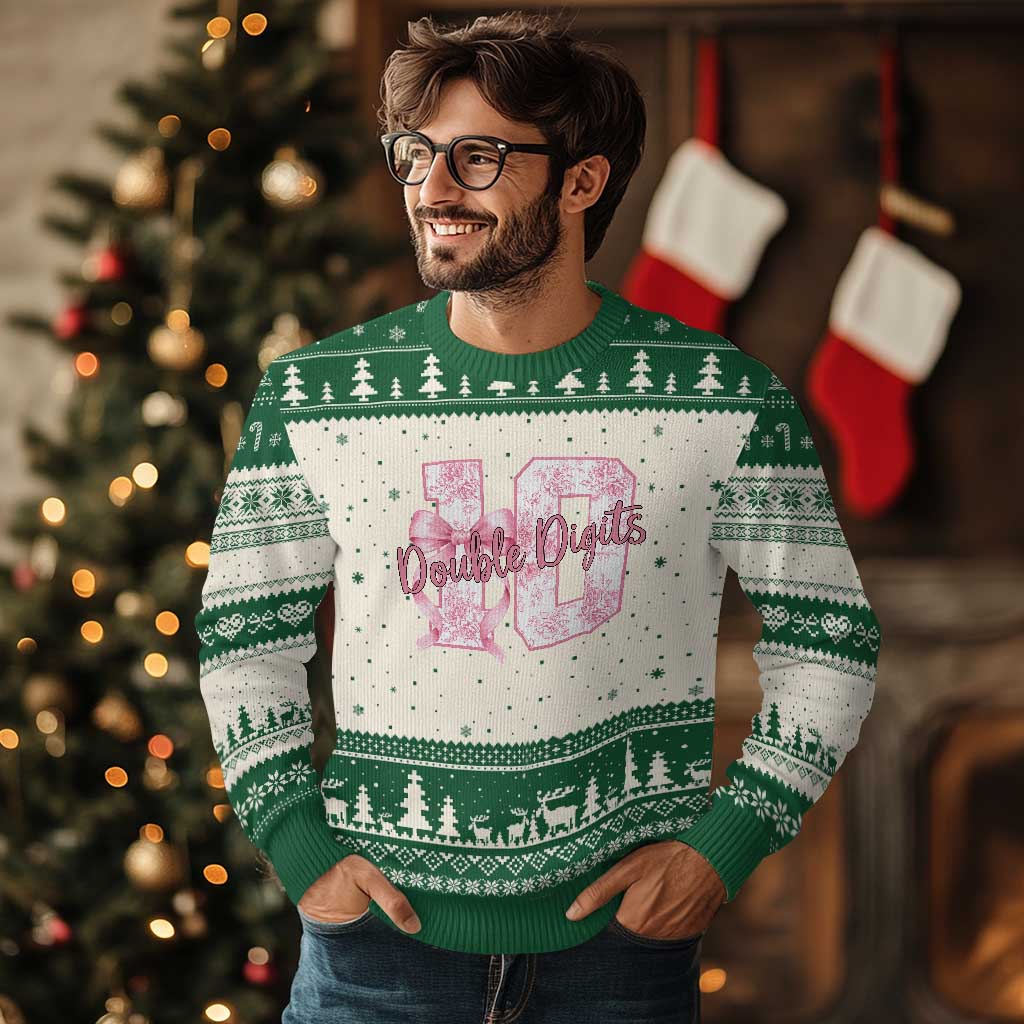 10th Birthday Ugly Christmas Sweater Double Digits Pink Coquette Bow 10 Year Old Aesthetic