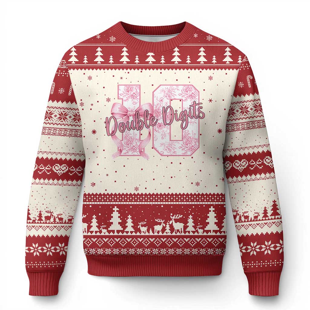 10th Birthday Ugly Christmas Sweater Double Digits Pink Coquette Bow 10 Year Old Aesthetic