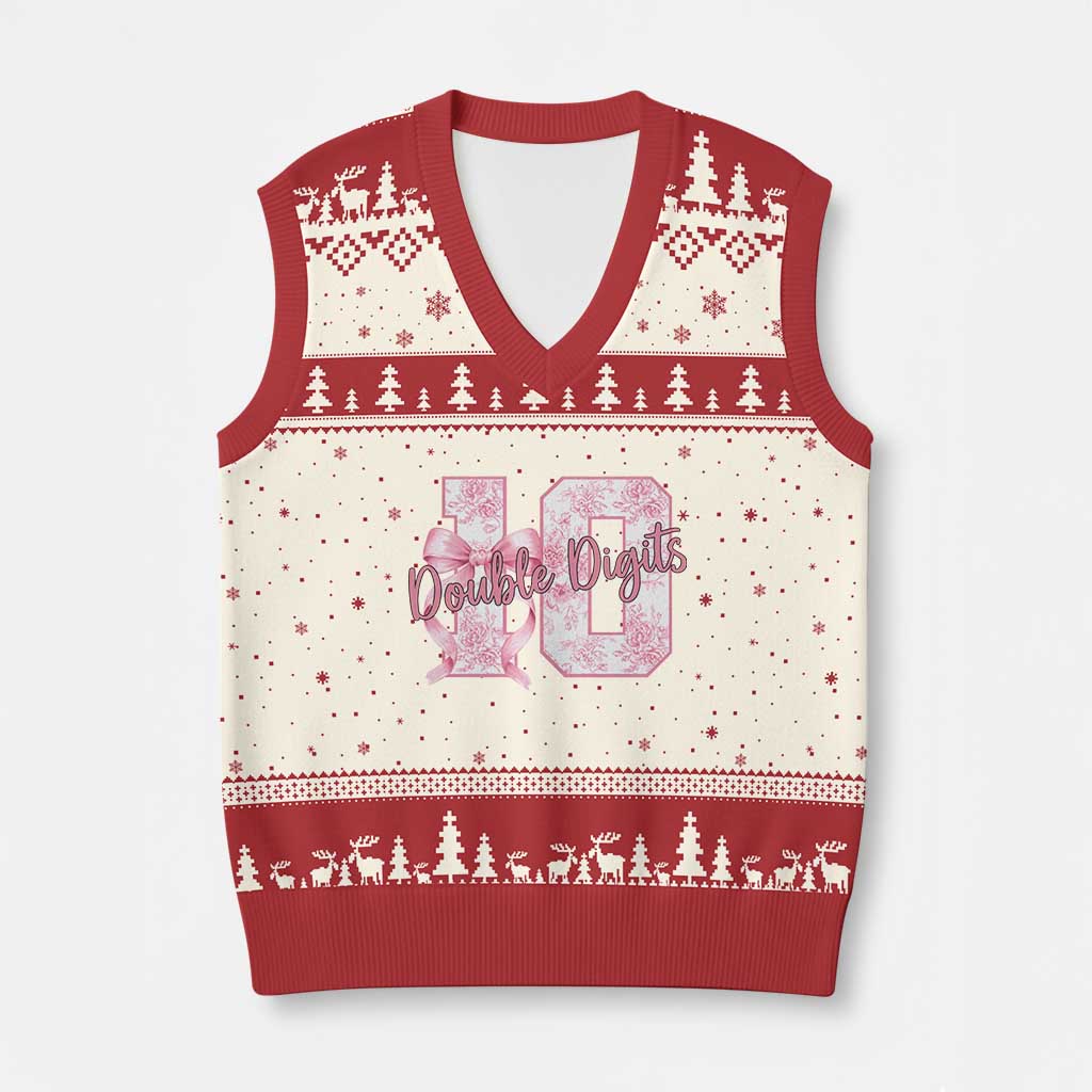 10th Birthday V-Neck Knit Sweater Vest Double Digits Pink Coquette Bow 10 Year Old Aesthetic