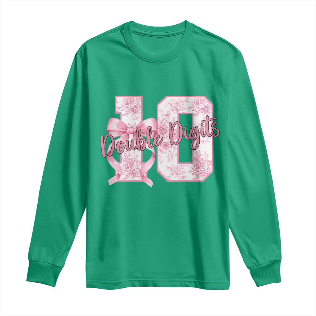 10th Birthday Long Sleeve Shirt Double Digits Pink Coquette Bow 10 Year Old Aesthetic