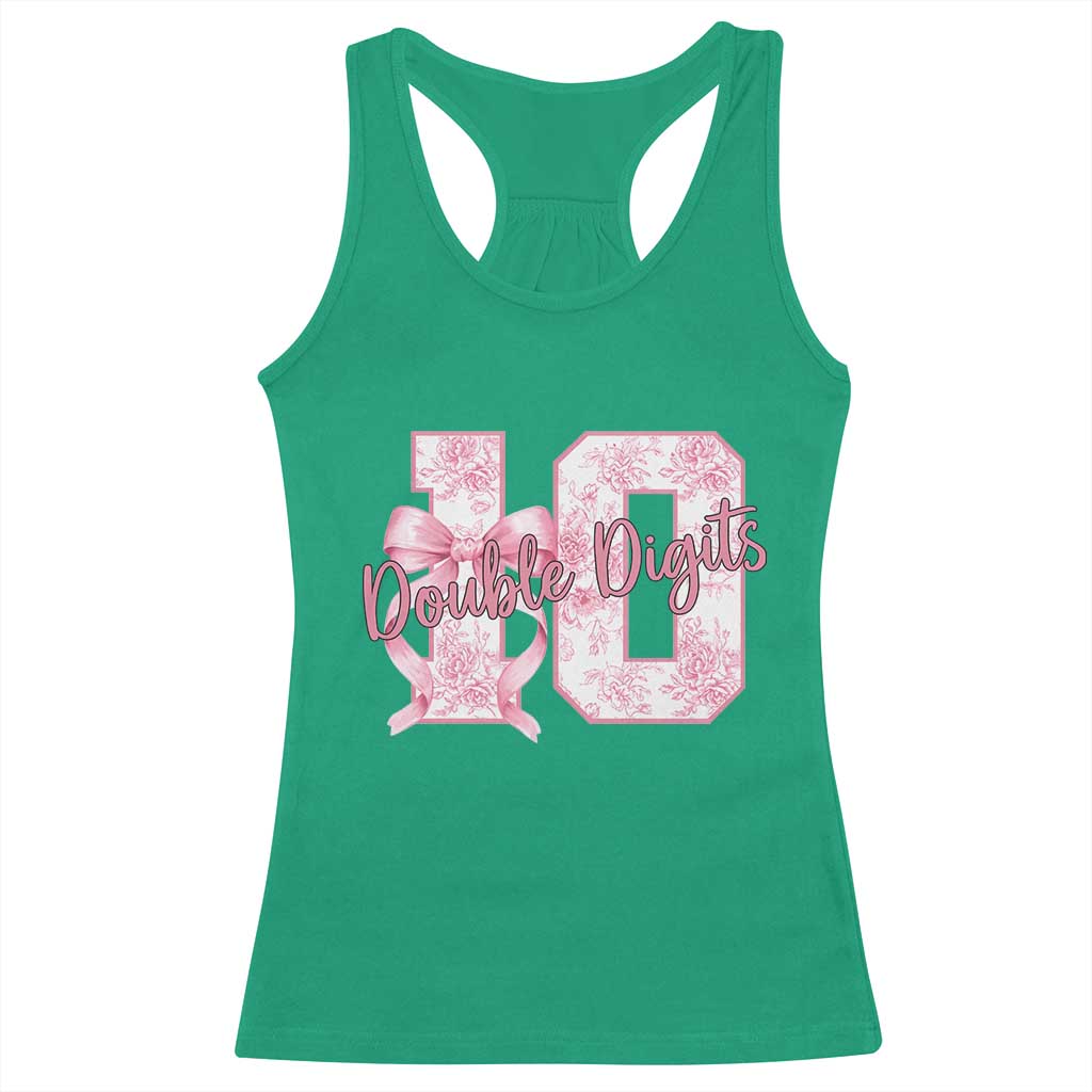 10th Birthday Racerback Tank Top Double Digits Pink Coquette Bow 10 Year Old Aesthetic
