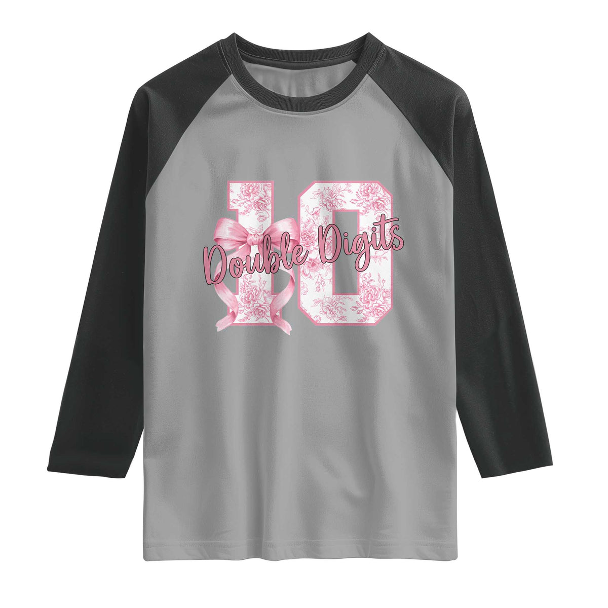 10th Birthday Raglan Shirt Double Digits Pink Coquette Bow 10 Year Old Aesthetic
