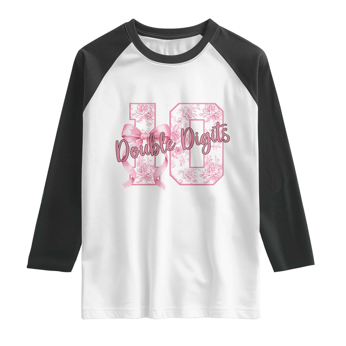 10th Birthday Raglan Shirt Double Digits Pink Coquette Bow 10 Year Old Aesthetic