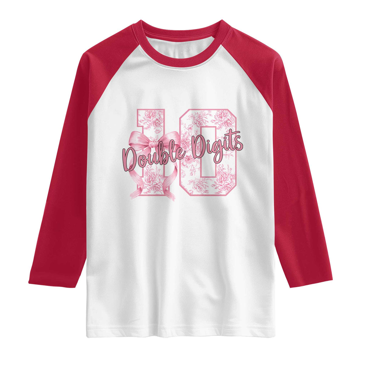 10th Birthday Raglan Shirt Double Digits Pink Coquette Bow 10 Year Old Aesthetic