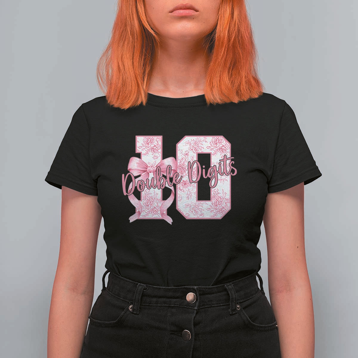 10th Birthday T Shirt For Women Double Digits Pink Coquette Bow 10 Year Old Aesthetic