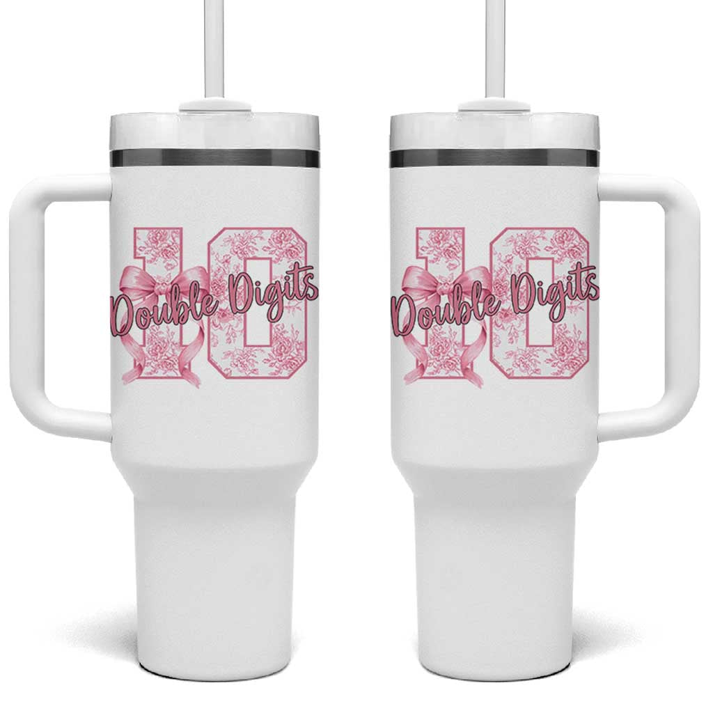 10th Birthday Tumbler With Handle Double Digits Pink Coquette Bow 10 Year Old Aesthetic