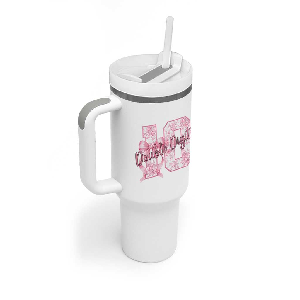 10th Birthday Tumbler With Handle Double Digits Pink Coquette Bow 10 Year Old Aesthetic